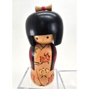 Japanese Kokeshi Doll Decor With Floral Kimono & Hair Bow je375